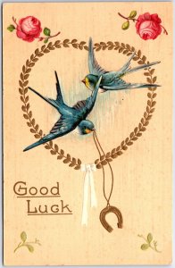 VINTAGE POSTCARD GOOD LUCK GREETINGS BIRDS HEART HORSESHOE OAKLAND CALIF 1908