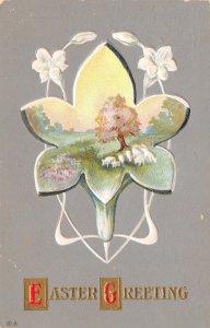 Easter~Sheep Graze on Lily Flower Portal~White Emboss Art Nouveau~Gray~NASH E-28