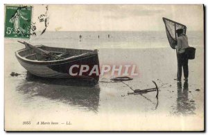 Old Postcard Fishing Boat Fisherman Fishing At low tide