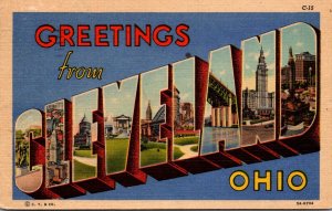 Ohio Greetings From Cleveland Large Letter Linen 1952 Curteich