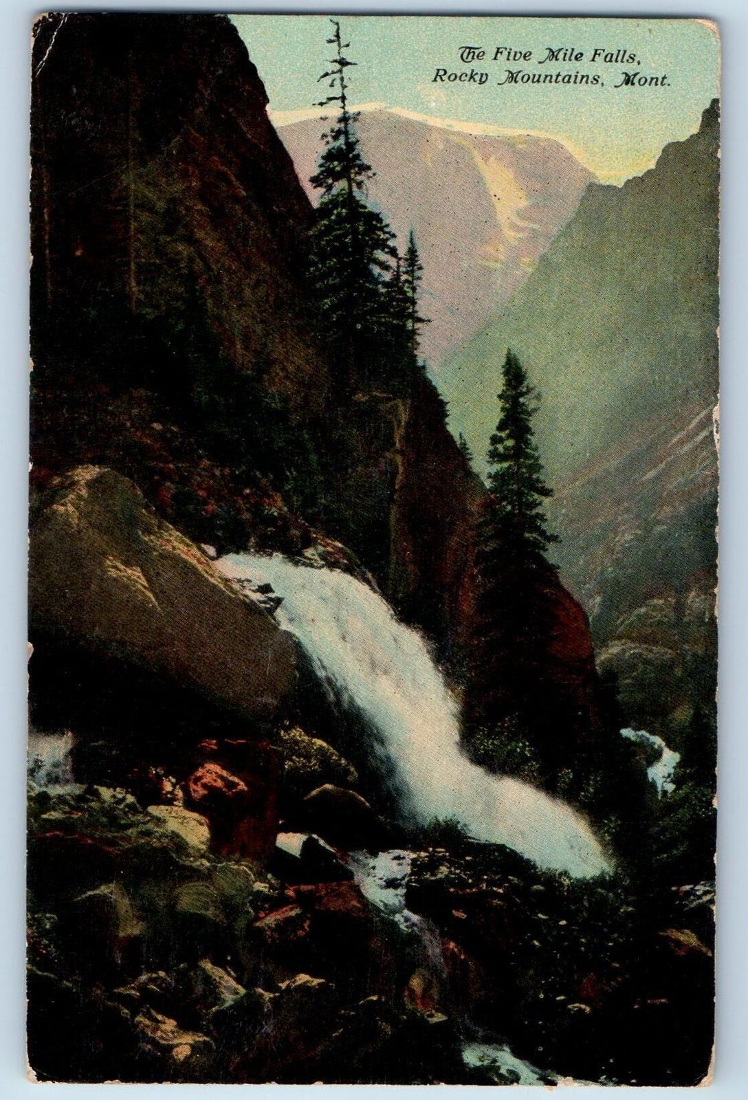Rocky Mountains Montana Postcard The Five Miles Falls Scenic View 1911 Antique | United States ...