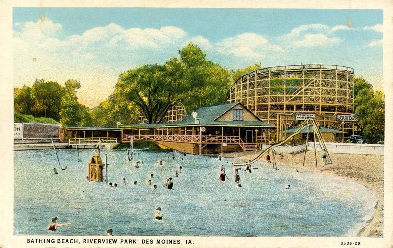 IA - Des Moines. Riverview Park, Bathing Beach, Roller Coaster