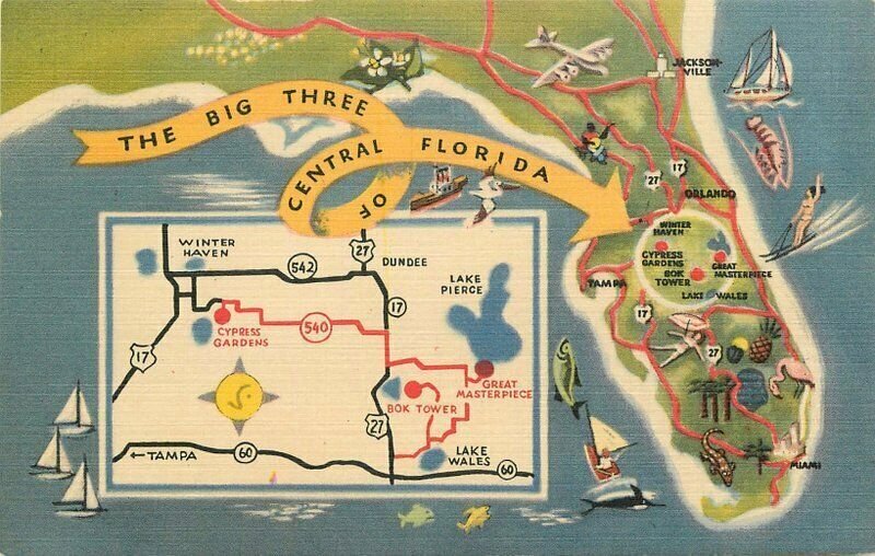 Cypress Gardens Florida Map Central Florida Map Attractions Cypress Gardens Teich Linen Postcard  21-4656 | United States - Florida - Other, Postcard / Hippostcard