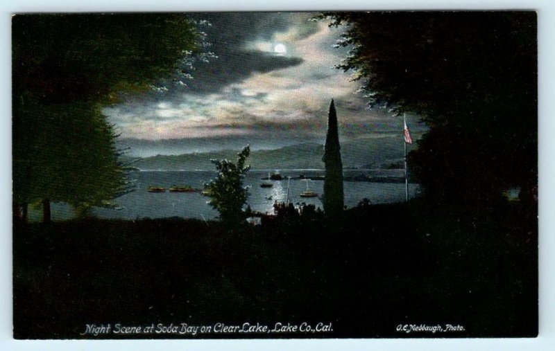 LAKE COUNTY, California CA  Night View SODA BAY on CLEAR LAKE c1910s Postcard 