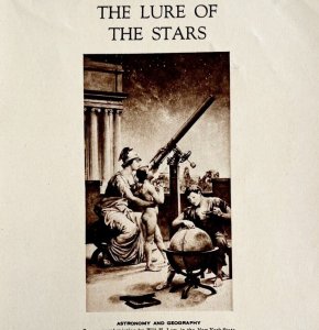 1921 Astronomy Print Minerva At Telescope Lure of the Stars Antique Ephemera Art