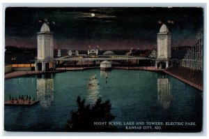 Kansas City Missouri Postcard Night Scene Lake Towers Electric Park 1915 Vintage