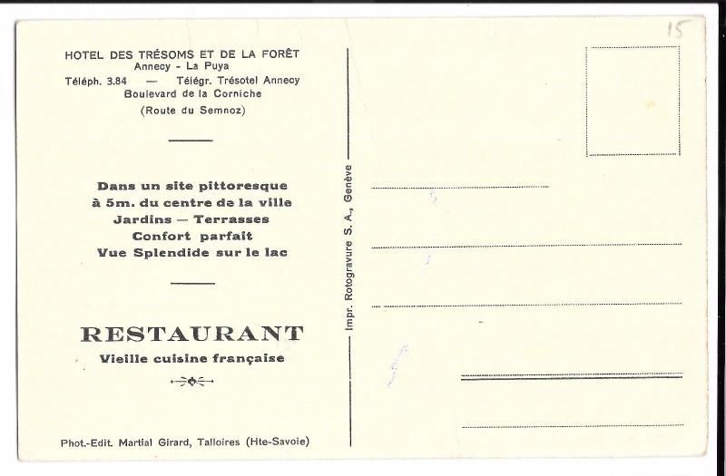 Hotel Des Tresoms, Annecy PPC Unposted, French Advertising Card