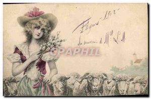 Old Postcard Fantasy Illustrator Woman Sheep