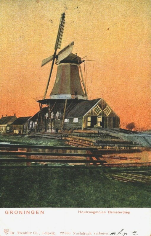 Netherlands Groningen Houtzaagmolen Damsterdiep Windmill Vintage Postcard 04.20