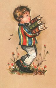 Vintage Postcard Bonnie Beautiful Boy Carrying Books Side View Striped Clothes