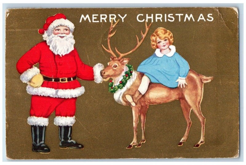 1934 Christmas Santa Claus Reindeer Riding Little Girl Holly Oakland CA Postcard