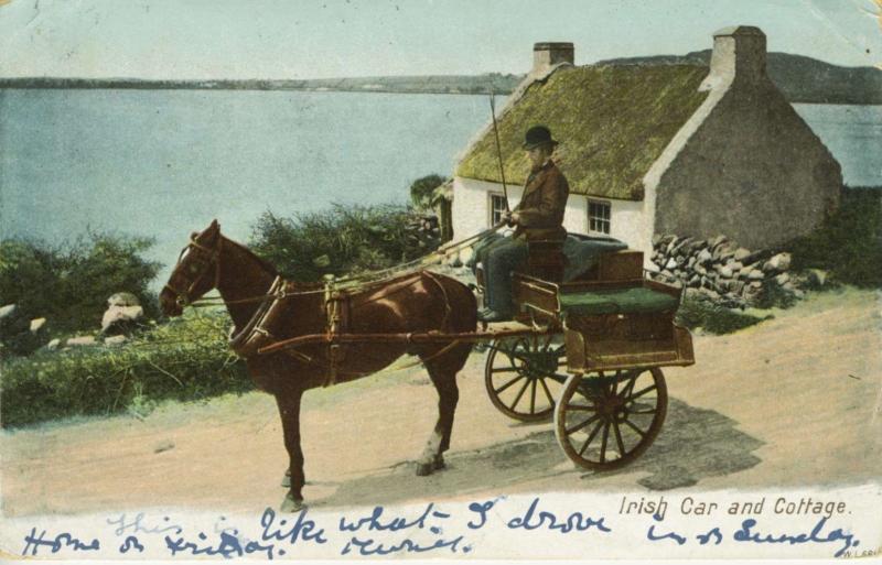 Irish Car and Cottage Horse Buggy Ireland c1903 Postcard E12