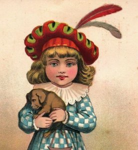 1880s Victorian Trade Card Scottish Child Puppy Dog Owl Pouch Purse #5F