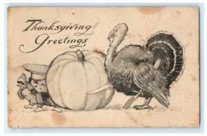 Thingsgiving Greetings Turkey with Knife Scared Kids Hiding Pumpkin Postcard 