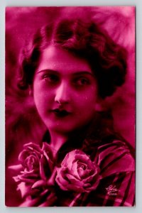 Vintage 1920s Art Deco Glamour Postcard Pink Tinted Portrait Woman Roses