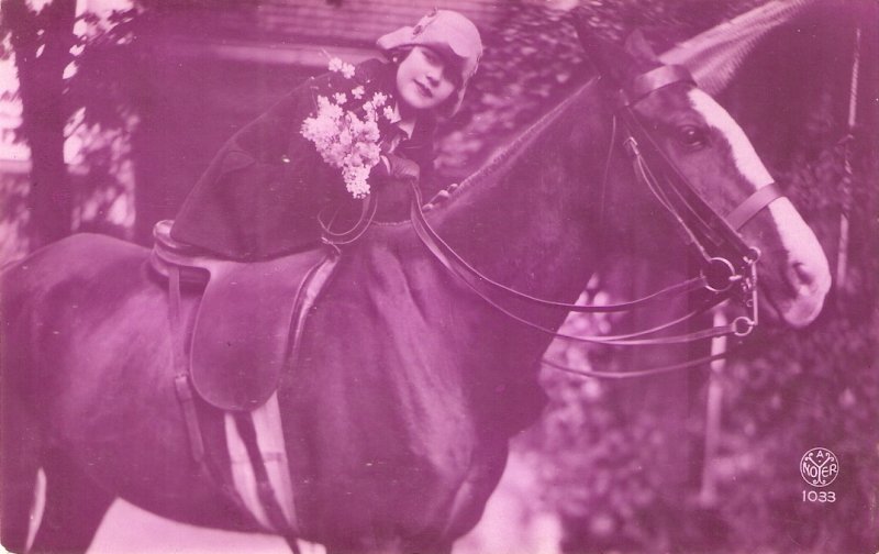 Romantic lady with her horse Old vintage French postcard