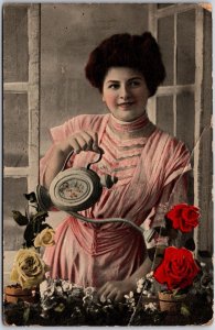 Elegant Woman In Pink Dress And Flowers Fashion Portrait Postcard