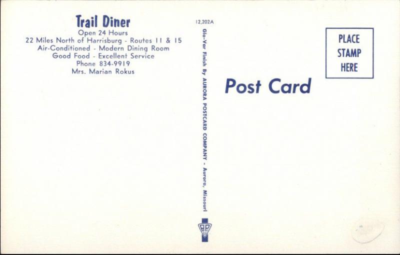 North of Harrisburg on Routes 11 & 15 TRAIL DINER - Scarce Postcard