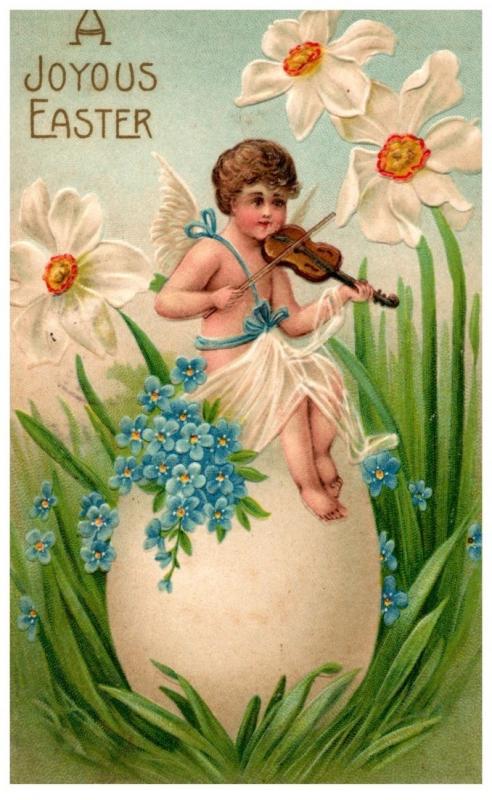 Easter,  Cherub playing Violin sitting on large Egg