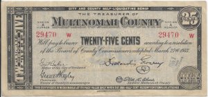 1933 Multinomah County, Oregon 25c Depression Script (65033)