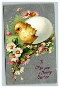 Vintage 1910's Tuck's Easter Postcard Cute Chick Hatching Silver Face Flowers