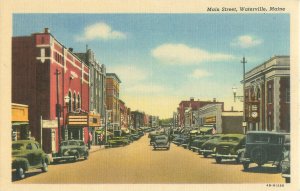 Waterville, Maine Main Street Linen Postcard, Old Cars