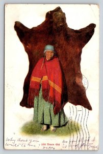 1907 Spokane WA Indigenous Woman 100 Years Old Bear Skin Postcard