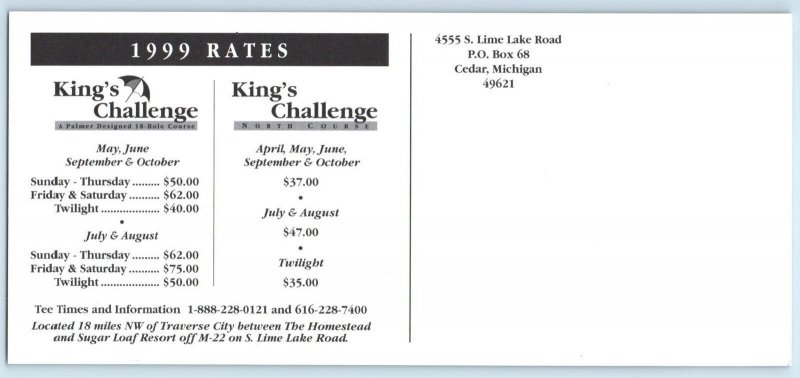 CEDAR, Michigan MI ~ KING'S CHALLENGE Golf Course 1999 ~ 4x9 Postcard