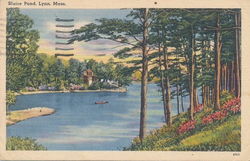 Canoe on Sluice Pond Lynn MA, Massachusetts pm 1952 Linen