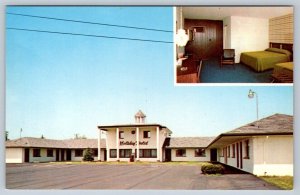 Holiday Motel, Bridgeport Michigan, Vintage Chrome Split View Postcard