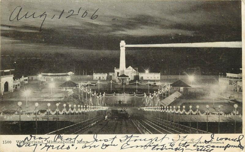 c1906 Postcard; Wonderland, Minneapolis MN Lighthouse Electric Illumination