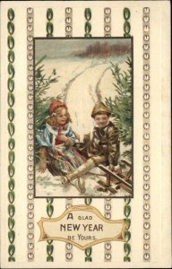 New Year Little Girl and Boy Kids Sledding Crash c1910 Vintage Postcard