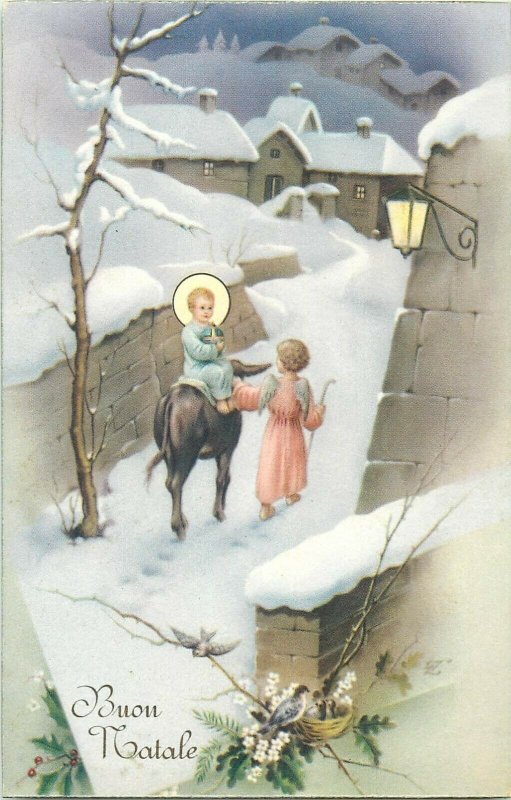 Holy family fantasy Zandrino signed postcard buon natale greetings