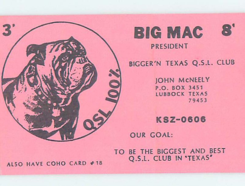 Pre-1980 RADIO CARD - CB HAM OR QSL Lubbock Texas TX AH2781