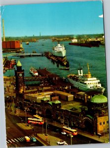 Postcard  Germany Hamburg St. Pauli Landing Stage ships bus