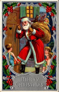 Silk Suit Santa Claus Cherubs Bag of Toys Vintage Christmas Postcard