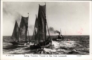 Lowestoft England Sailing Trawlers Towed to Sea Tugboat Vintage Real Photo PC