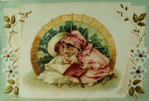 Embossed Victorian Trade Card Adorable Girls Reading Book Under Parasol *K