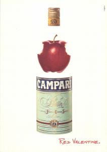 Campari alcoholic liqueur advertising postcard apple bottle red valentine