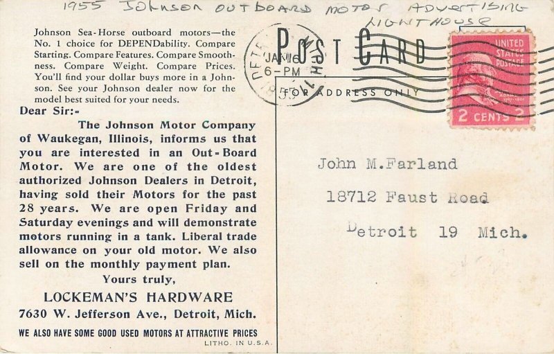 Postcard 1955 Johnson ouboard motor advertising Lighthouse 23-12757