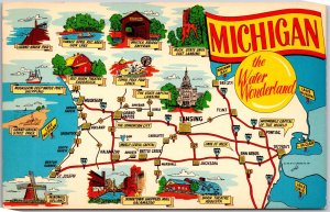 State of Michigan MI, The Water Wonderland, Map, Interstate Highway, Postcard
