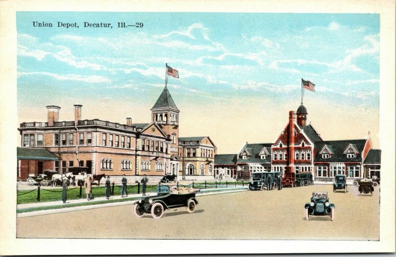 Decatur IL~Union Depot~Railroad Station~White Horse Buggy~Vintage Cars~1920