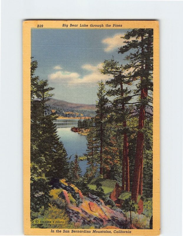 Postcard Big Bear Lake through the Pines In the San Bernardino Mts. CA USA