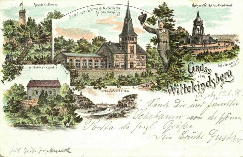 PORTA-WESTFALICA, Mehrbildkarte Gruss vom Wittekindsberg (1898) Litho-AK