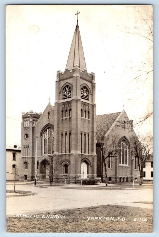 Yankton South Dakota SD Postcard RPPC Photo Catholic Church Scene Street 1945