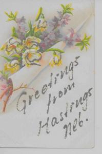 Hastings Nebraska Greetings From flowers glittered antique pc Z25959