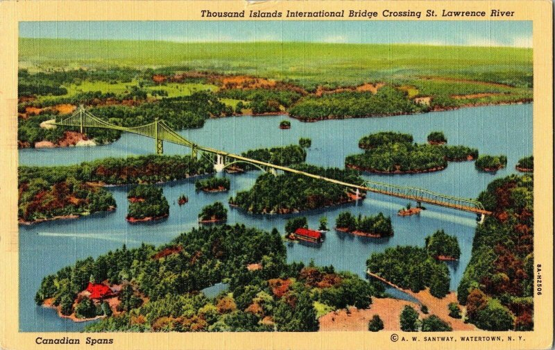 Thousand Islands International Bridge Crossing St Lawrence River Postcard Linen 