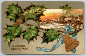Christmas~Winter Village Inset~Gold Bell w/Blue Ribbon On Holly~Embossed~1908 PC