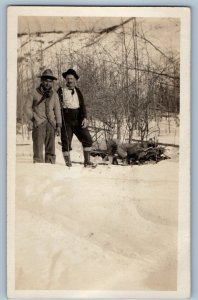c1910's Two Men Hunting Fox Winter Scene RPPC Photo Unposted Antique Postcard
