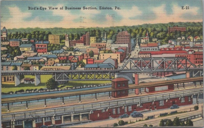 Postcard Bird's Eye View Business Section Easton PA